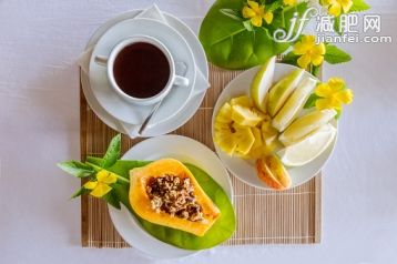 饮食,食品,盘子,热饮,早餐_569567829_Breakfast with payapa, tropical fruit and coffee_创意图片_Getty Images China 饮食,食品,盘子,热饮,早餐_569567829_Breakfast with payapa, tropical fruit and coffee_创意图片_Getty Images China